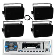 Pyle Bluetooth Marine Receiver, 4x 3.5" 200W Audio Black Speakers, Antenna