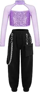 [Riismen] Kids Girls Hip Hop Jazz Dance Costume 2 Piece Shiny Sequins Crop Tops with Chain Pocket Pants Set