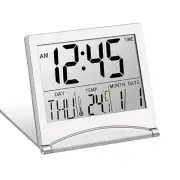 Silver Alarm Clock Desk Calendar Thermometer Timer Digital LCD Screen Travel