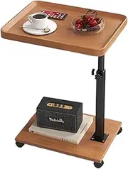 2-Tier Small Square Side Table, Adjustable Height End Table, Movable Square Coffee Table with 360° Rotating Sofa End Table for Living Room Bedroom Balcony Patio Nightstand (Wood)