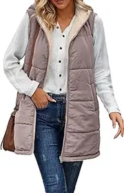 [KEOYA] Women's Long Fleece Vest Casual Sleeveless Puffer Vests Outdoor Hooded Fleece Jackets Zip Up Winter Vests Warm Reversible Coats Spring Fall Outerwear