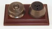 federation antique brass power point,outlet,switch socket on cedar wood block