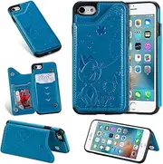 SATURCASE Case for Apple iPhone 7 / iPhone 8, Cat Bee Embossing PU Leather Flip TPU Magnetic Buckle Wallet Stand Card Slots Protective Cover for Apple iPhone 7 / iPhone 8 (Blue)
