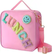 Insulated Lunch Bag with Adjustable Shoulder Strap, Nylon Preppy Lunch Box Large Insulated Lunch Bag Reusable Lunch Tote Bag with Smiley Preppy LunchBag for Girls School Travel Picnic (Pink)