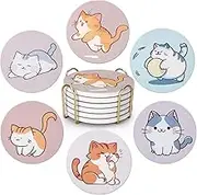 Cute Cat Coasters Set with Gold Metal Holder, 6 Pieces, Ceramic Drink Mats with Cartoon Design