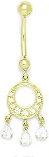 [Generic] 14ct Yellow Gold CZ 14 Gauge Dangling Circle Drop Body Jewelry Belly Ring Measures 40x13mm Jewelry Gifts for Women