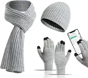 [Loboo Idea] Winter 3 PCS Warm Knit Beanie Hat Long Scarf Touch Screen Gloves Set, Winter Beanie Hat Touchscreen Gloves Scarf Set