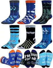 [Halfchet] 6 Pairs Novelty Airplane Socks for Men Father's Day Funny Pilot Gifts Airplane Crew Socks Gifts for Aviation Lovers Pilot, Airplane Theme, 7-13
