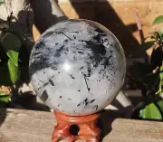 Large Black Tourmaline in Quartz Crystal Sphere With Wooden Display Stand 918gms