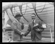 Aviator Mr Guy Menzies shaking hands with a man, NSW, 1931 Old Photo