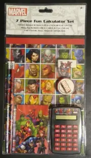 MARVEL 7 PIECE FUN CALCULATOR SET NOTE & MEMO PAD PENCILS ERASER & SHARPENER