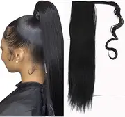 Ponytail Hair Extensions Synthetic Hair Straight Clip in Ponytail Extensions 24 Inch Long Wrap Around Ponytail Hair Extensions for Women 1# Black 100g