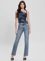 GUESS Women's Tropical Print Shirred Mesh Dinah Top in Blue Size: Small, Polyamide