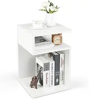 Giantex S-Shaped Side Table for Small Space, Sofa End Table with 2 Open Compartments, Modern Nightstand for Living Room, Bedroom & Study, White