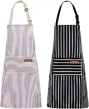 2 Pack Aprons for Men, Kitchen Cooking Aprons for Women, Chef Adjustable Bib Striped Apron with 2 Pockets