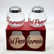 Crate and Barrel Pizza Shaker Set Round Glass Spice Jars Red Pepper Parmesan NOS