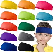 Jeffbaubl 12 Pieces Kids Athletic Sweatbands, 6 Colors Boys Headbands, Boys Sports Headbands, Soft Athletic Headband, Kids Sweatbands, Wicking Elastic Hairband for Girls Boys Toddler Children