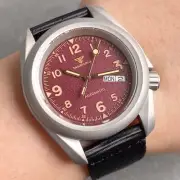 Tandorio sandblast Wine Red Dial 3.8 Day Date Pilot Frosted Case NH36 Mens Watch