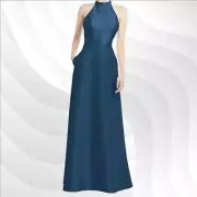 Alfred Sung Dusk Blue Satin Twill Halter Dress D772 Size 4 | Elegant & Sleek