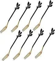 GREENADSCAPE 8Pcs Black Gold Leaf Stainless Steel Dessert Forks for Fruits Cakes Appetizers for Parties Weddings and Daily Use