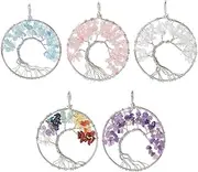 [Hobbspring] Pack of 5 Large Tree of Life Pendants, Chip Stone Tree of Life Pendant, Mixed Crystal Stone, Wire Pendant, Hand Knit Pendant, Gemstone Chakra Necklace Pendant for Jewellery Making, Mixed