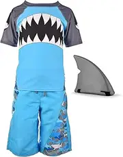 [Fin Fun] Boys Blue Shark Rash Guard, Board Short, Shark Fin Swim Suit Set