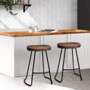 2 PCS Retro Style Bar Stools Wooden Seat Kitchen Chairs Rounded Base Furniture
