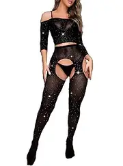 [Aucute] Women's Sexy Rhinestone Fishnet Lingerie Bodystocking Sheer Mesh Nightwear Half Sleeve Crop Top and Pantyhose