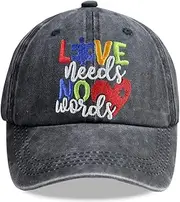 [Tacoesha] Love Needs No Words Hat, Love Heart Autism Puzzle Graphic Baseball Cap, Adjustable Embroidered Wash Cotton Autistic Hats