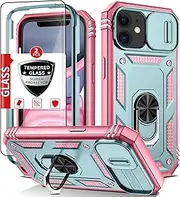 IYTRRYH Compatible with iPhone 11 Case with 2 Tempered Glass Screen Protector,Built-in Camera Cover+Stand Ring,Dustproof Shockproof Military Grade Drop Heavy Duty Protection Phone Bumper,Green Pink