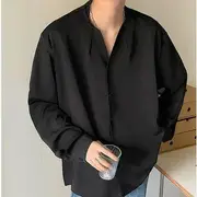 Long-Sleeve Notch Neck Plain Shirt Black - 2XL