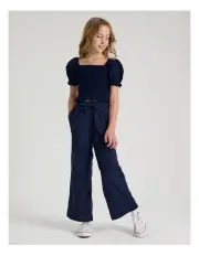 [Tilii] Linen Puff Sleeve Top in Navy