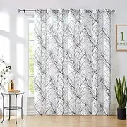 FMFUNCTEX Black White Linen Sheer Sliding Glass Door Curtain for Living Room Modern Tree Branch Print Window Curtain for Office, Light Filtering 100 Inch Extra Wide Sheer Room Divider Curtain 1 Panel