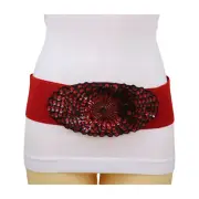 Women Red Wide Elastic Dress Up Belt Black Sequins Beads Peacock Feather Fit S M