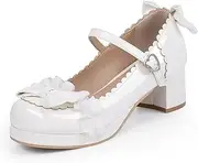 [Odetina] Women's Bow Platform Mary Jane Pumps Kawaii Ankle Strap Patent Leather Block Chunky Heel Ruffles Closed Toe Party Shoes