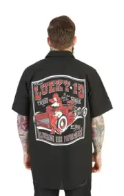 LUCKY 13 LITTLE RED PIN UP CAR BOOZE BIKES BROADS TATTOO PUNK WORK SHIRT S-4XL