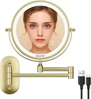 Auxmir Rechargeable Cosmetic Mirror with LED Lighting, 1X/20X Magnification Bathroom Mirror Wall Mounting, Dimmable Makeup Mirror with 3 Light Colours Touch Screen, 360° Rotatable Shaving Mirror, Gold