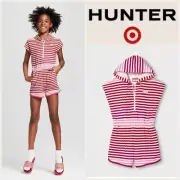 Hunter For Target Girls Pink Red Striped Hooded Romper Size Large NWT
