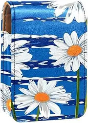 Lipstick Case,Leather Lip Gloss Lipstick Organizer with Mirror,Mini Lipstick Holder Bag,Blue Sea Stripe White Daisies