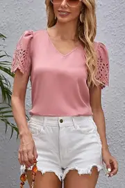 Cupshe Pink Eyelet Sleeve V-Neck Blouse - Pink,S