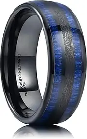 [King Will] Nature 8mm Mens Domed Blue Maple Inlay Black Tungsten Carbide Ring Brushed Wedding Band for Men