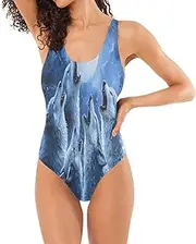 [Joisal] Peacock Feathers Green Women Swimsuits Low Back One Piece Swimsuit Women Tummy Control with Bra, Howling Wolves Moon, Medium