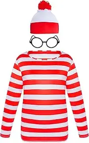 Adult Men Red and White Striped Tee Long Sleeve Shirt Glasses Hat Costume Set for Halloween Cosplay Party