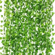 CQURE 12 Pack 84Ft Artificial Ivy Garland, Fake Vines UV Light Green