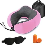 Bestek Memory Foam Travel Neck Pillow with 3D Eyemask and Earplugs, Neck Support Flight Pillow for Airplane Car Bus Train Travelling Camping