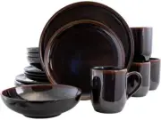 Elama Midnight Beach 16 Piece Round Stoneware Dinnerware Set in Metallic Black