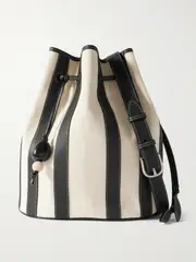 [Hunting Season] Hunting Season - Extra Large Drawstring Leather-trimmed Striped Canvas Bucket Bag - Black - One size One size Black