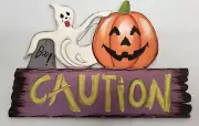 HALLOWEEN DOOR / WALL WOODEN DECORATION (14" x 11"), PUMPKIN & GHOST CAUTION
