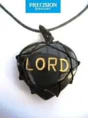 Black Obsidian LORD Engraved Heart Pendant Necklace Gemstone Crystal Protection