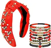 1 Pcs Game Day Football Headband Women and 8 Pcs Bracelets Football Accessories Pearl Rhinestone Jeweled Knotted Headband Beaded Stretch Bracelet for Game Day Gifts Jewelry(Red,Red Black)